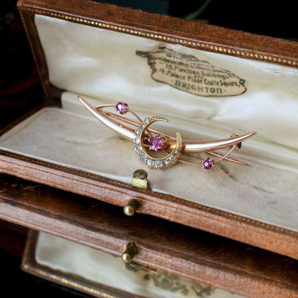 Antique Australian 15ct Rose Gold Diamond Pink Spinel Crescent Brooch Circa 1900