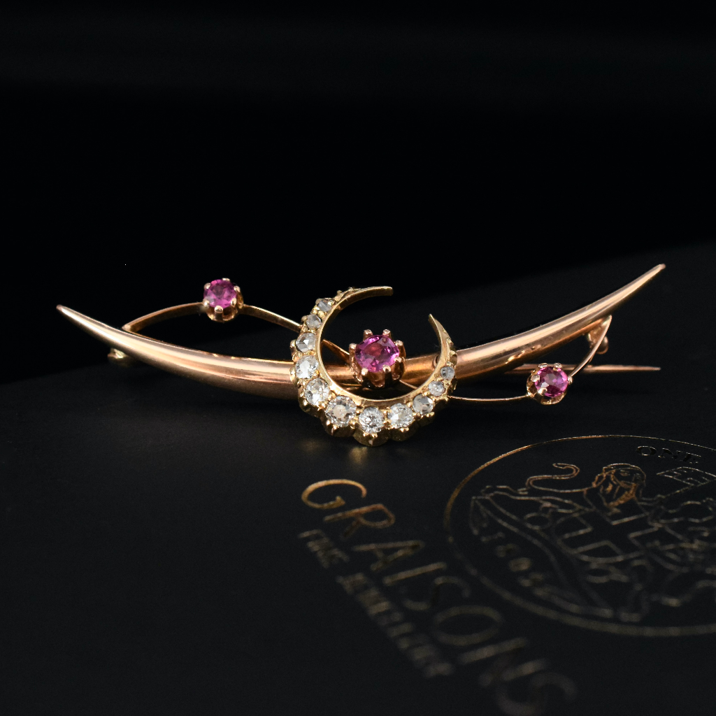 Antique Australian 15ct Rose Gold Diamond Pink Spinel Crescent Brooch Circa 1900