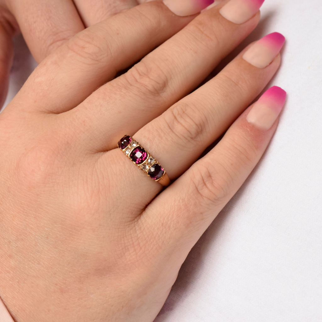 Antique Victorian 18ct Yellow Gold Garnet And Rose-Cut Diamond Ring 1876