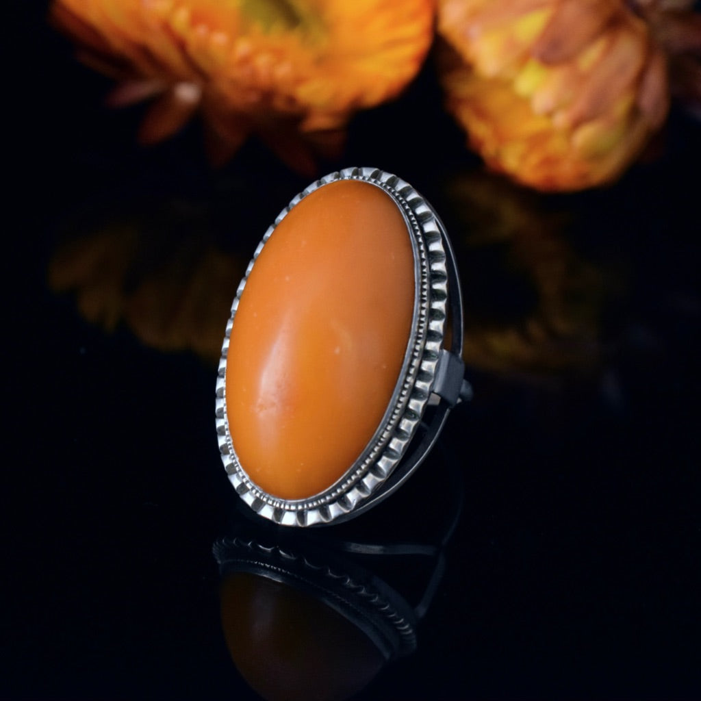Vintage Silver And Egg Yolk Butterscotch Amber Ring - Poland