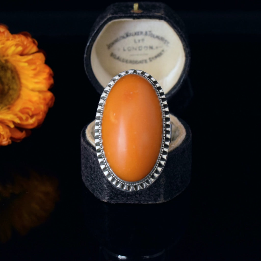 Vintage Silver And Egg Yolk Butterscotch Amber Ring - Poland