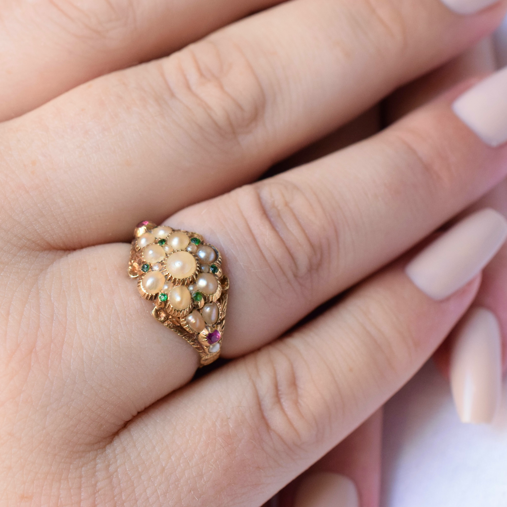 Georgian 15ct Pearl Ruby Emerald Flower Head Ring Circa 1820