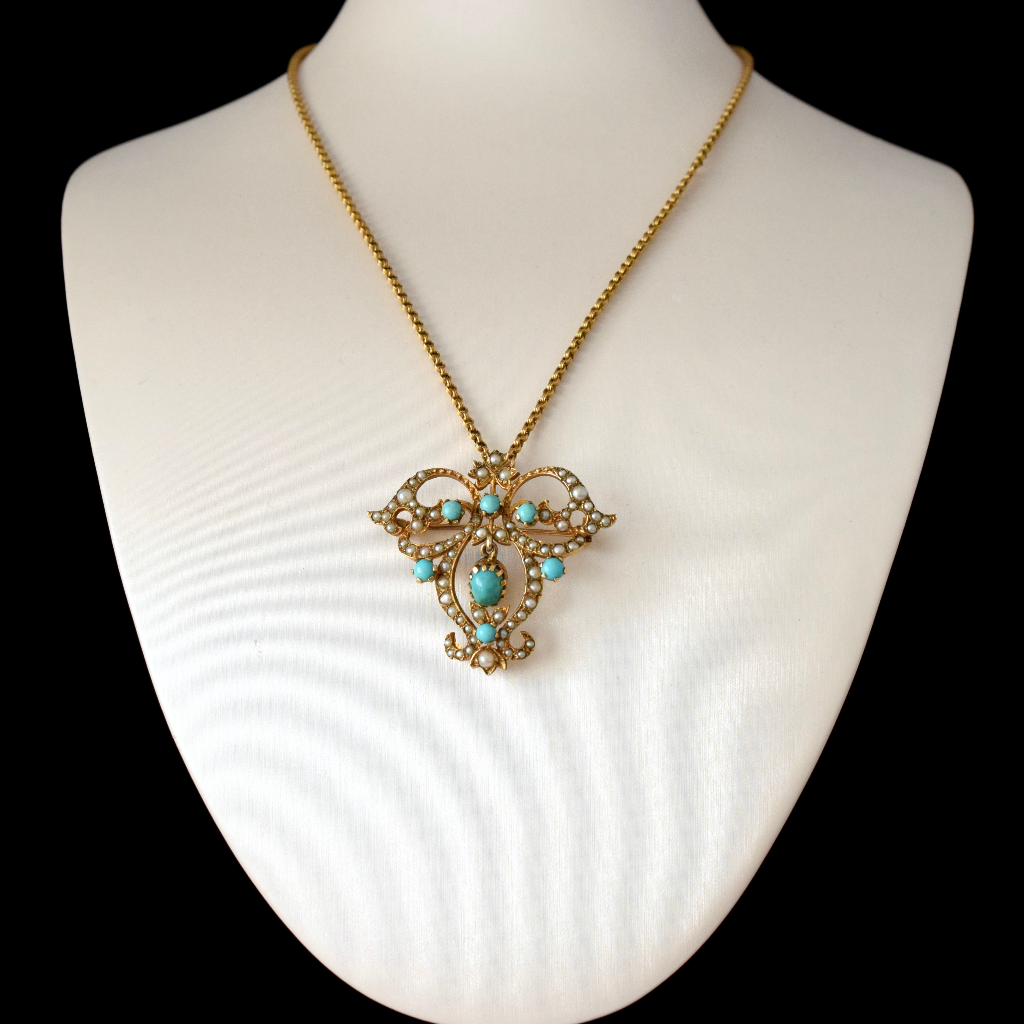Vintage Victorian Style 9ct Yellow Gold Turquoise Seed Pearl Pendant/Brooch London 1965