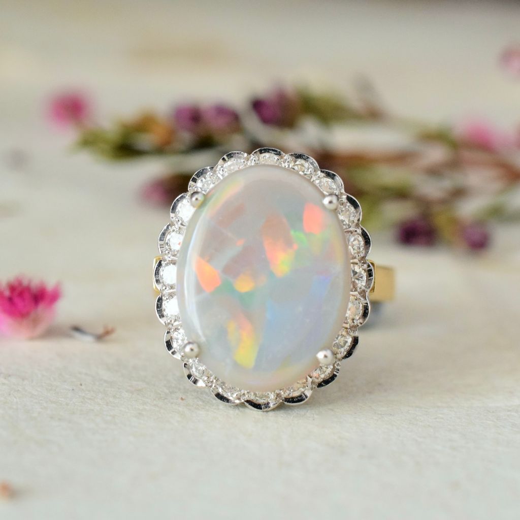 Modern/Vintage 18ct Yellow Gold Solid Dark Opal And Diamond Halo Ring (Independent Valuation Included In Purchase $12,500)