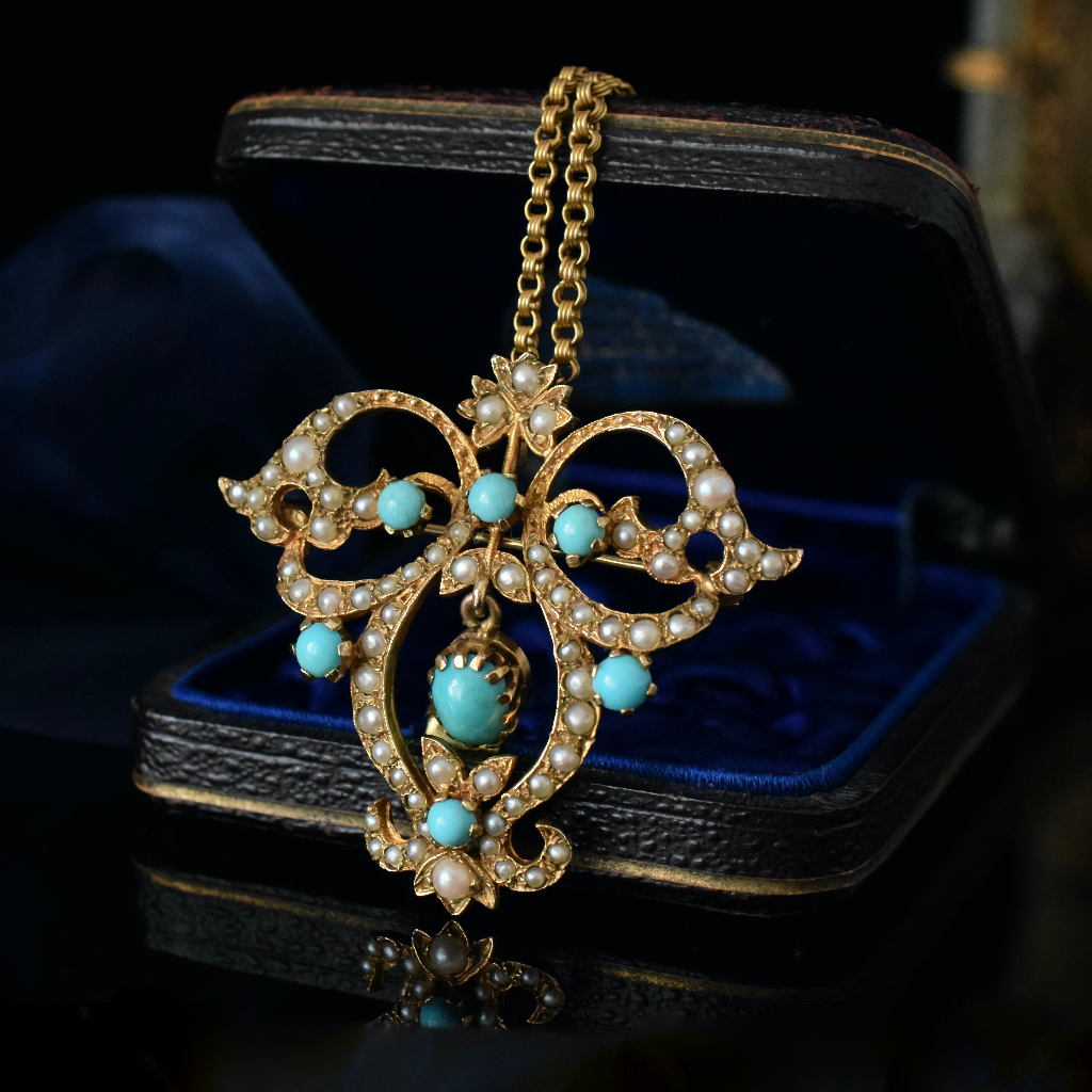 Vintage Victorian Style 9ct Yellow Gold Turquoise Seed Pearl Pendant/Brooch London 1965