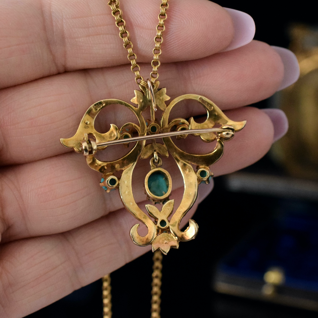 Vintage Victorian Style 9ct Yellow Gold Turquoise Seed Pearl Pendant/Brooch London 1965