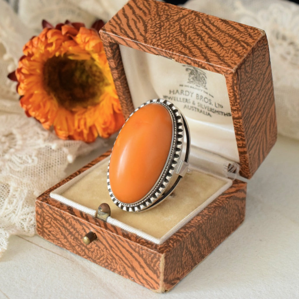 Vintage Silver And Egg Yolk Butterscotch Amber Ring - Poland