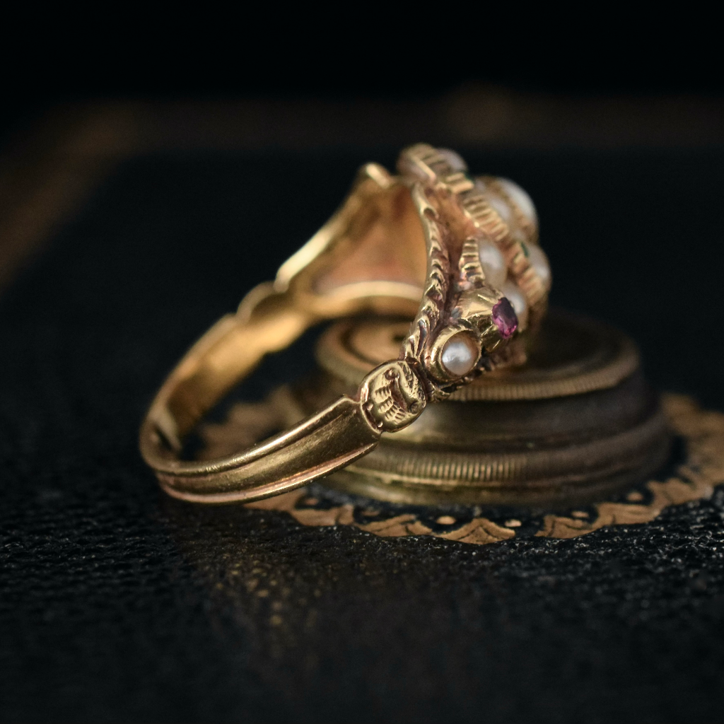 Georgian 15ct Pearl Ruby Emerald Flower Head Ring Circa 1820
