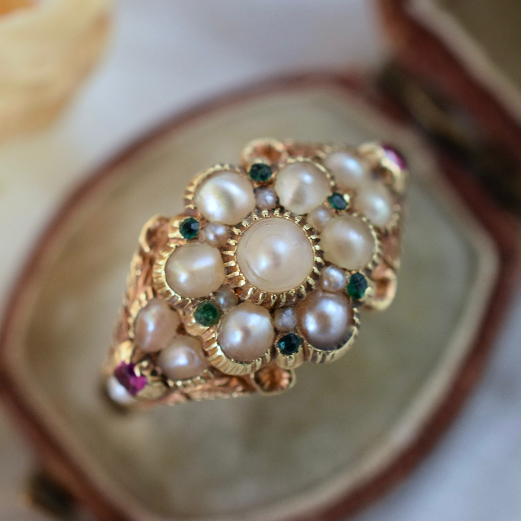 Georgian 15ct Pearl Ruby Emerald Flower Head Ring Circa 1820