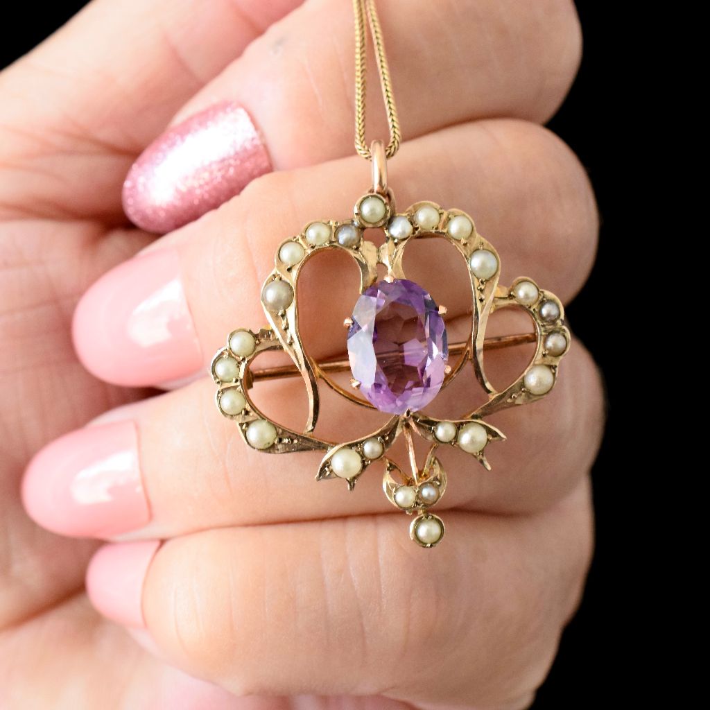 Antique Australian Edwardian 9ct Yellow Amethyst Pearl Pendant/Brooch