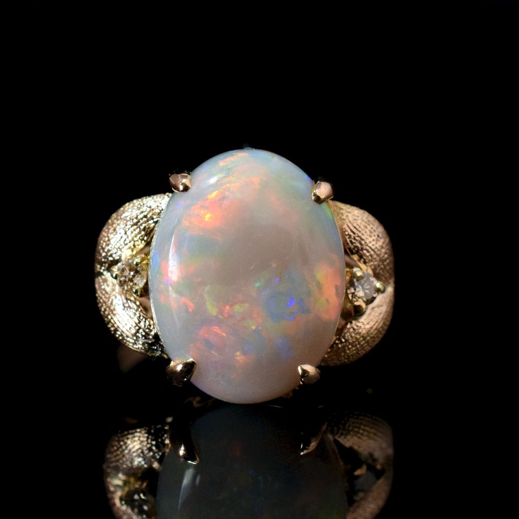 Vintage/Modern 14ct Yellow Gold Solid Dark Opal (Type 1 Colour N6) And Diamond Ring (Independent Valuation Included In Purchase For $6,000)