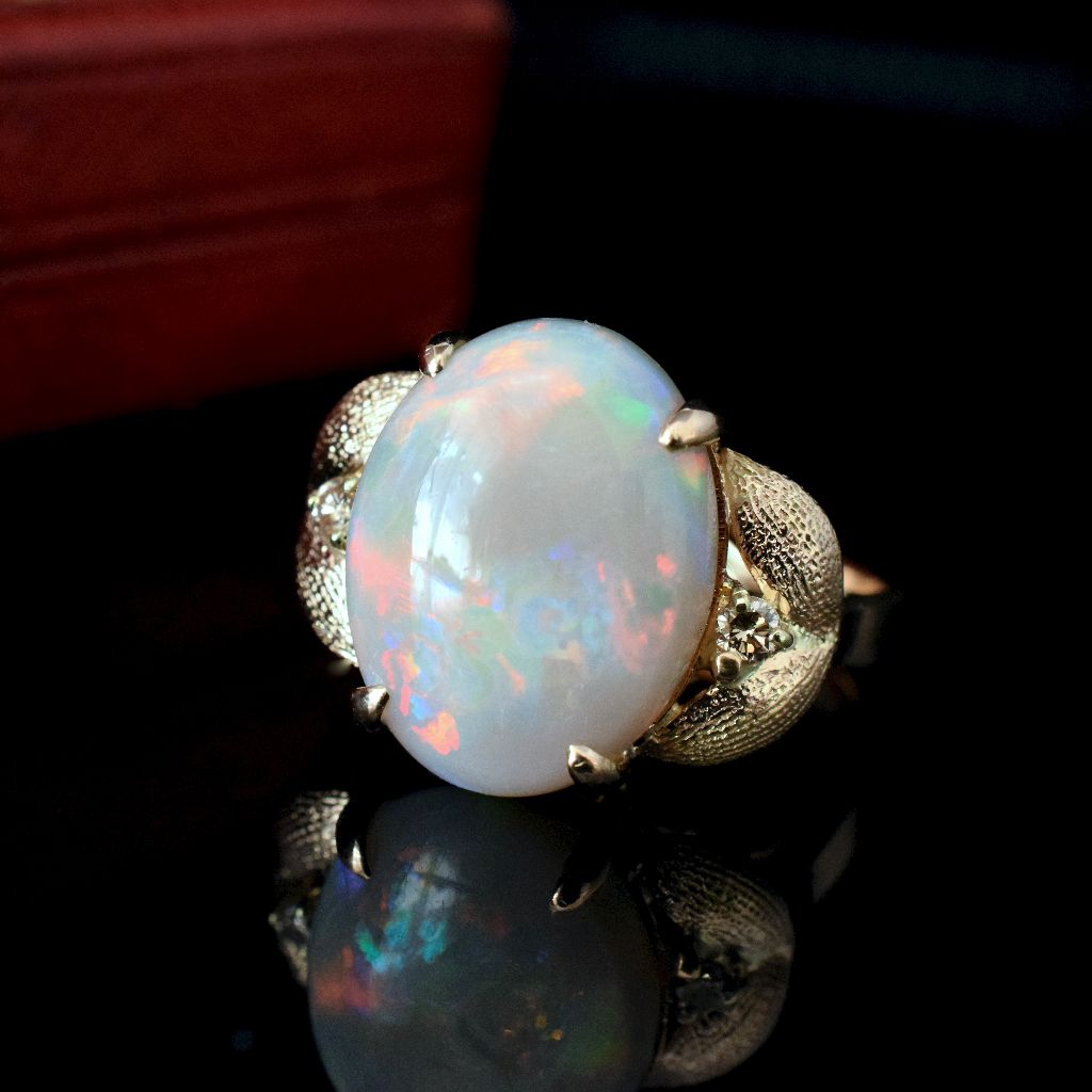 Vintage/Modern 14ct Yellow Gold Solid Dark Opal (Type 1 Colour N6) And Diamond Ring (Independent Valuation Included In Purchase For $6,000)