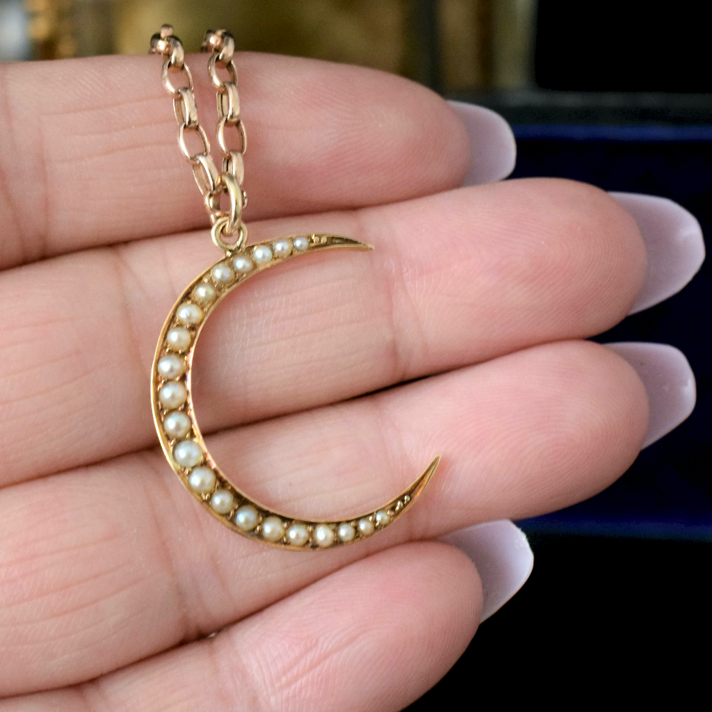 Antique Edwardian 15ct Yellow Gold Seed Pearl Crescent By Henry Birks Circa 1900