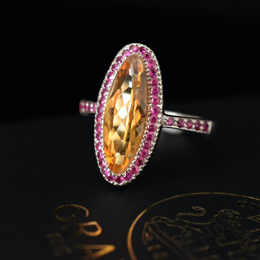 Modern 18ct White Gold Citrine And Ruby Halo Ring