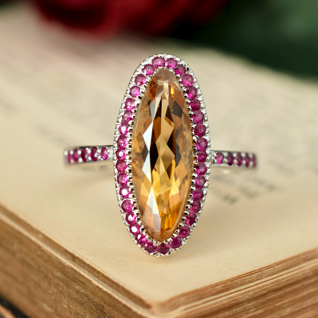 Modern 18ct White Gold Citrine And Ruby Halo Ring