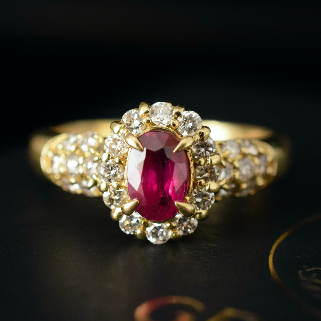 Modern 18ct Yellow Gold Ruby And Diamond Cluster Ring Independent Retail Replacement Valuation Included $4,750.00