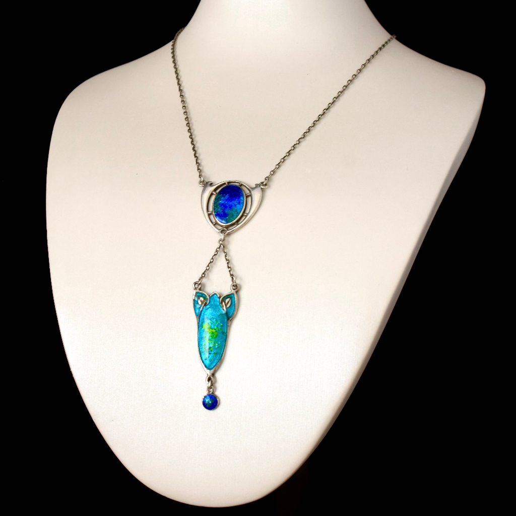 Antique Art Nouveau Sterling Silver Enamel Necklace by Charles Horner 1909