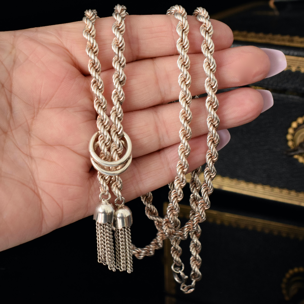 Vintage Sterling Silver Rope Twist Lariat Tassel Necklace