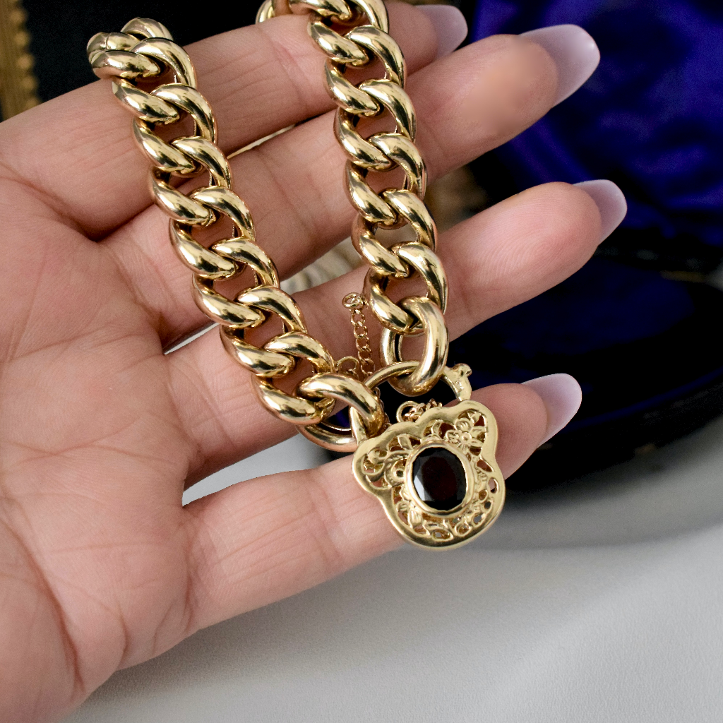 Modern Heavy 9ct Yellow Gold Curb-link Garnet Padlock Bracelet 45.9 Grams