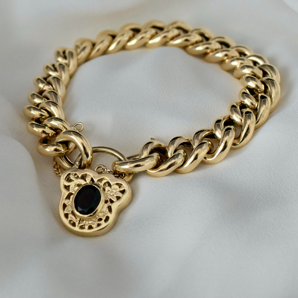 Modern Heavy 9ct Yellow Gold Curb-link Garnet Padlock Bracelet 45.9 Grams