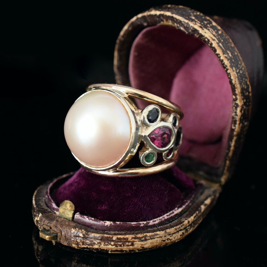 Modern 18ct Yellow Gold Mabe Pearl Sapphire, Ruby, Emerald Diamond Ring (Independent Valuation Included In Purchase For - $8000)