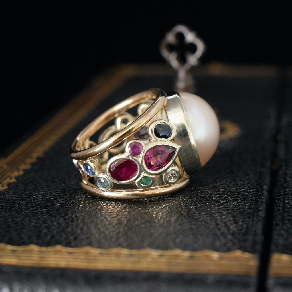 Modern 18ct Yellow Gold Mabe Pearl Sapphire, Ruby, Emerald Diamond Ring (Independent Valuation Included In Purchase For - $8000)