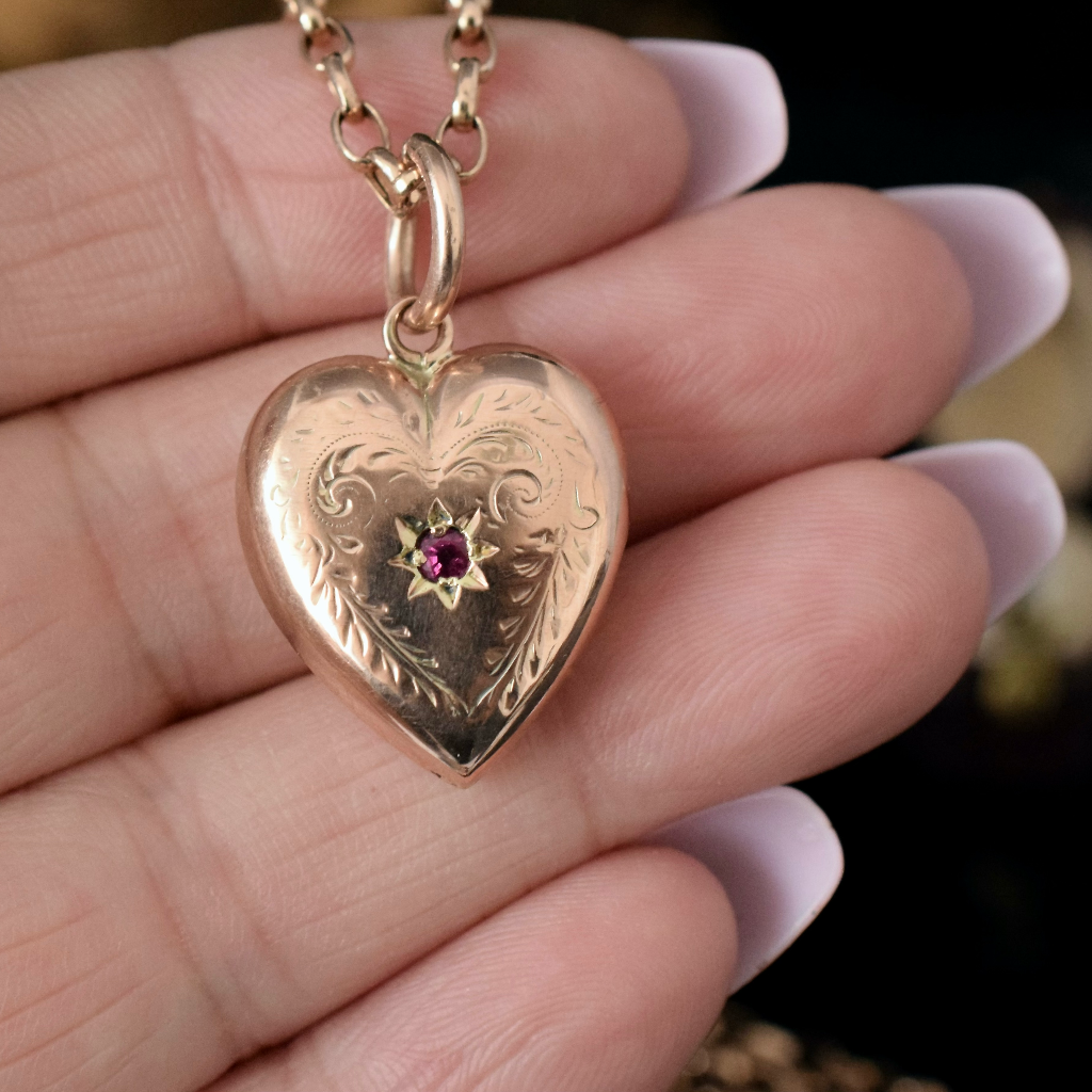 Antique 9ct Rose Gold Garnet Heart Pendant By Robert Rollason Circa 1910