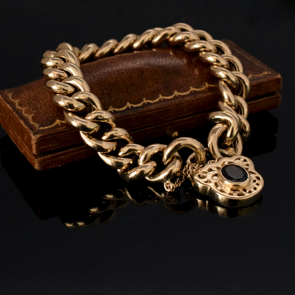 Modern Heavy 9ct Yellow Gold Curb-link Garnet Padlock Bracelet 45.9 Grams