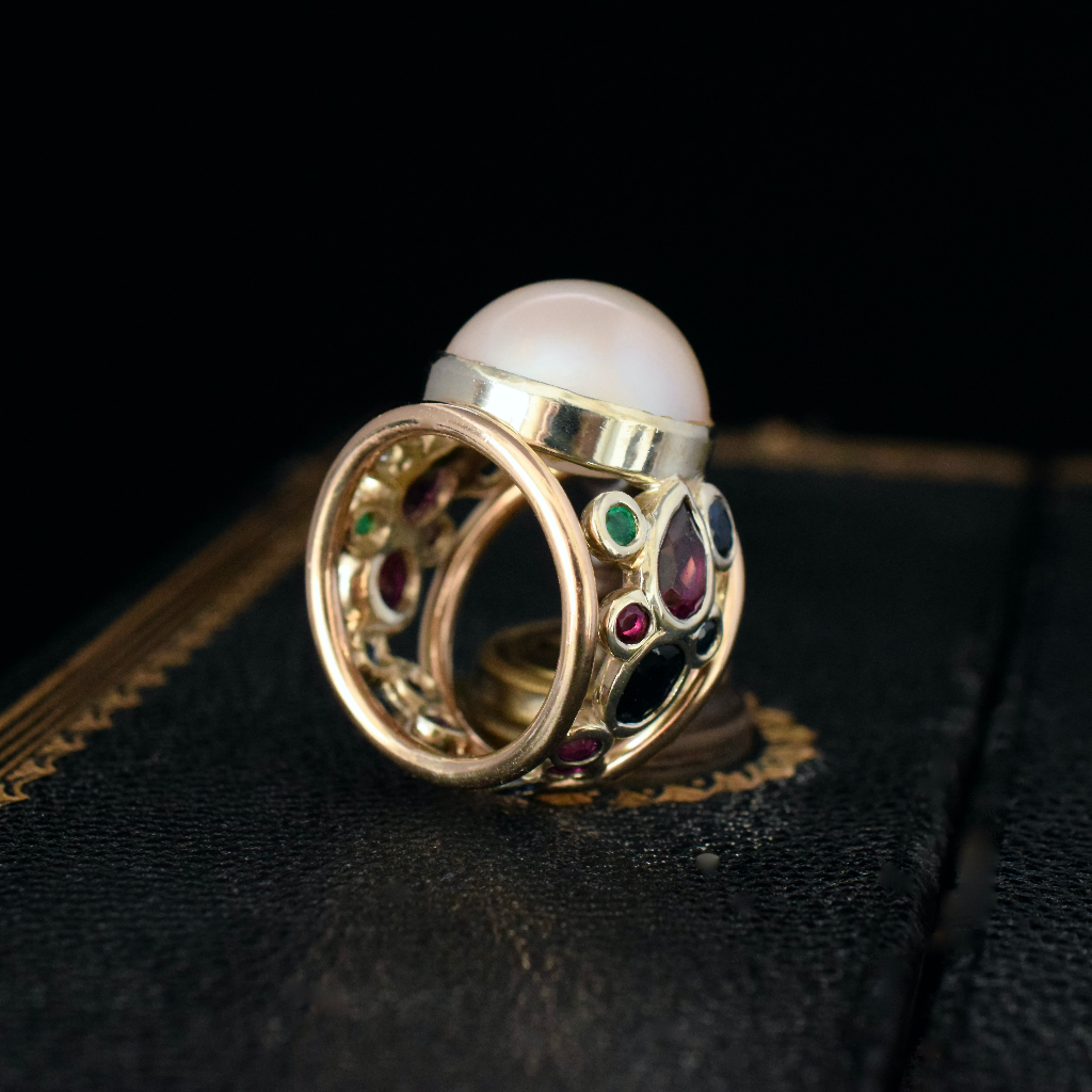Modern 18ct Yellow Gold Mabe Pearl Sapphire, Ruby, Emerald Diamond Ring (Independent Valuation Included In Purchase For - $8000)