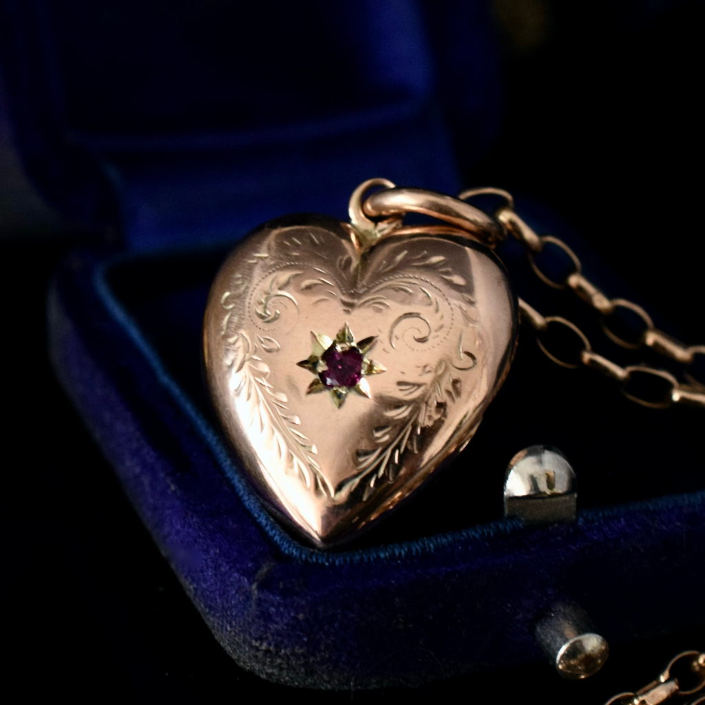Antique 9ct Rose Gold Garnet Heart Pendant By Robert Rollason Circa 1910