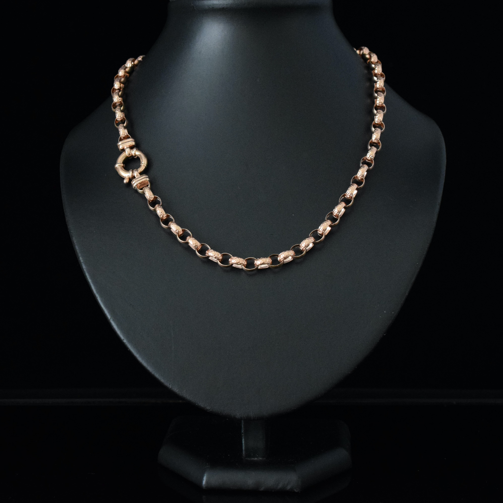 Modern 9ct Rose Gold Fancy Floral Belcher Link Necklace 31 Grams Independent Valuation Included With Purchase $6500.00 AUD