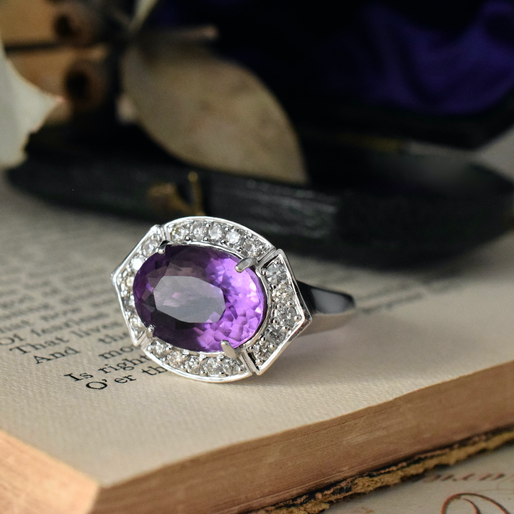 Modern 14ct White Gold Amethyst And Diamond Ring