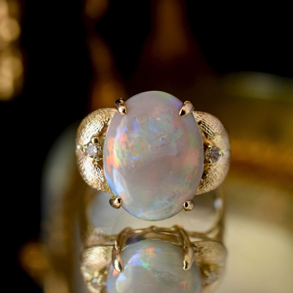 Vintage/Modern 14ct Yellow Gold Solid Dark Opal (Type 1 Colour N6) And Diamond Ring (Independent Valuation Included In Purchase For $6,000)