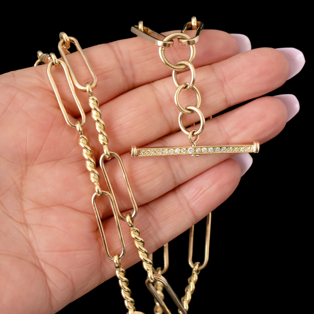 Superb Modern 9ct Yellow Gold And Diamond Fancy Link Fob Chain