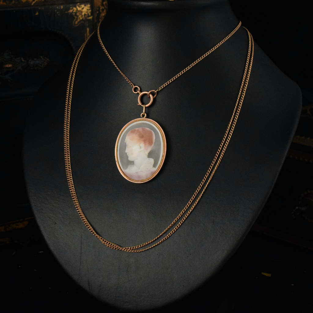 Antique Late Georgian Early Victorian 12ct Yellow Gold And Shell Cameo Of A Round Boy