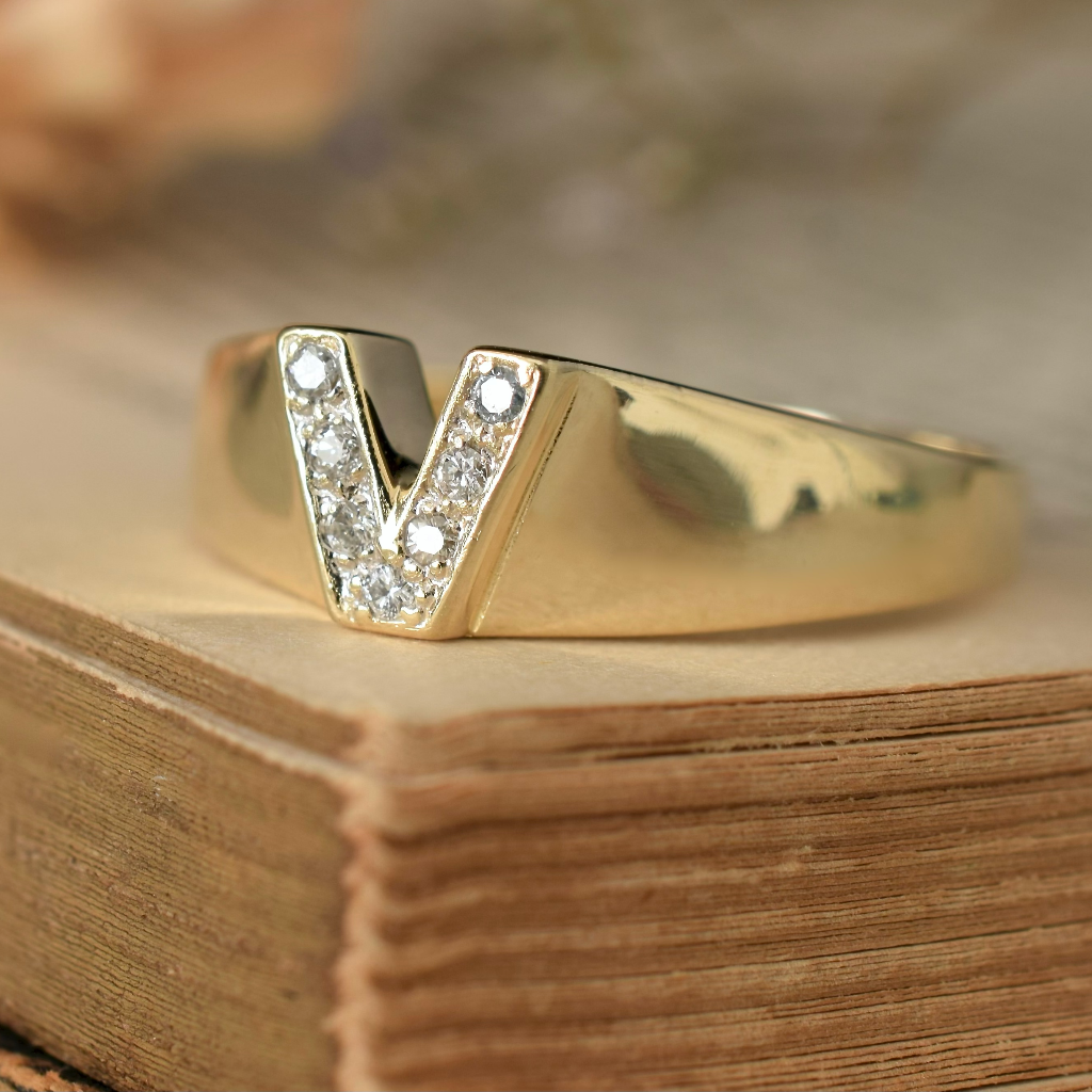 Modern 9ct Yellow Gold And Diamond ‘V’ Initial Ring