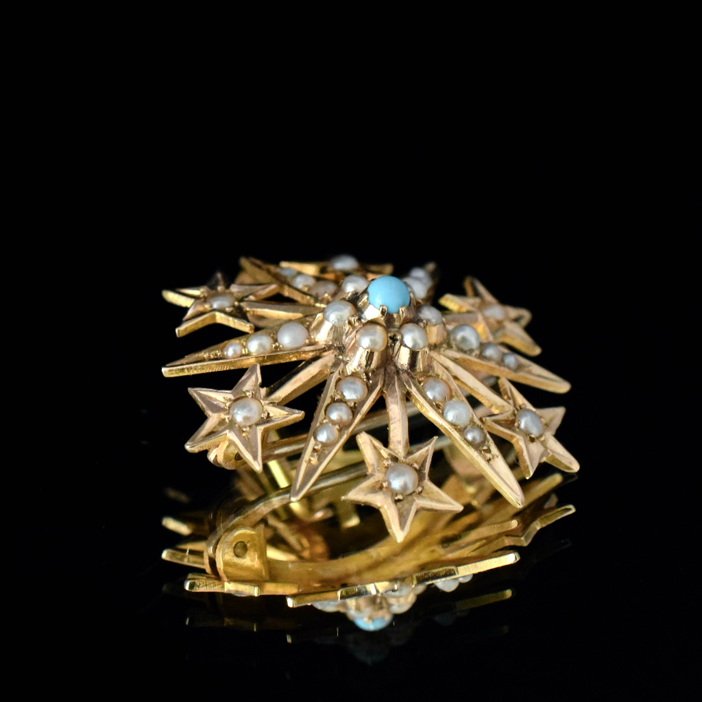 Antique Edwardian 15ct Yellow Gold Turquoise Seed Pearl Starburst Brooch/Pendant