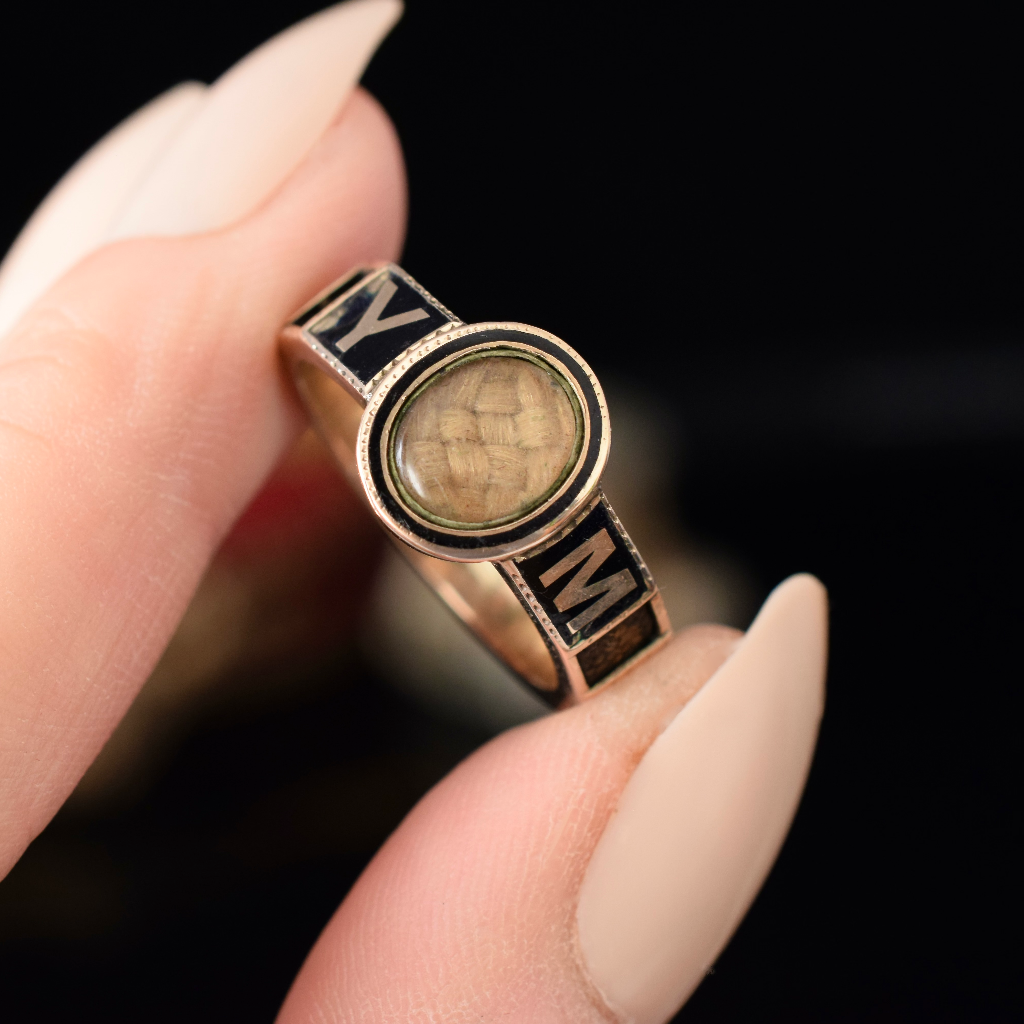 Late Victorian Gold Enamel & Hair ‘Memory’ Mourning Ring Circa 1860-1880