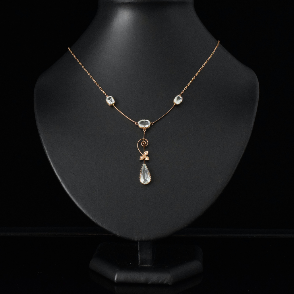 Antique Australian 9ct Rose Gold Aquamarine Seed Pearl Lavaliere By Willis And Sons Circa 1910