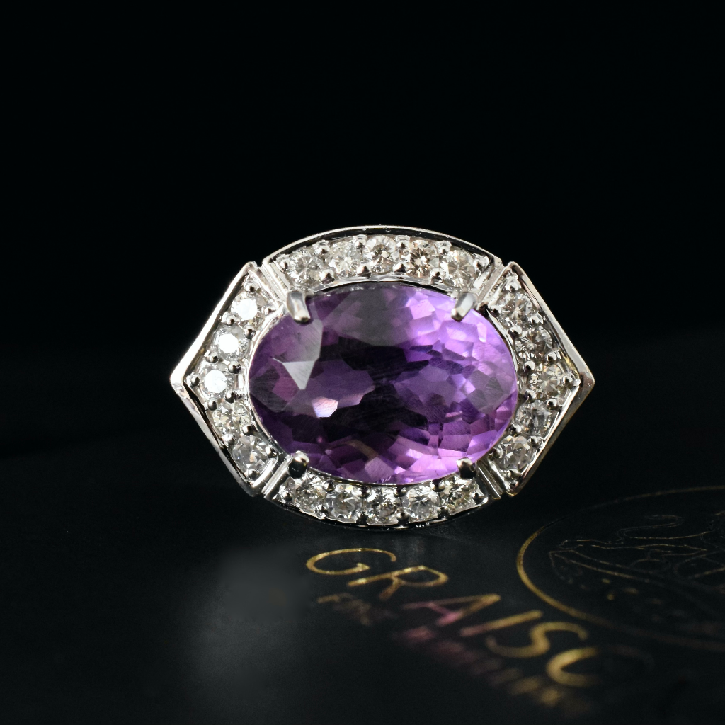 Modern 14ct White Gold Amethyst And Diamond Ring