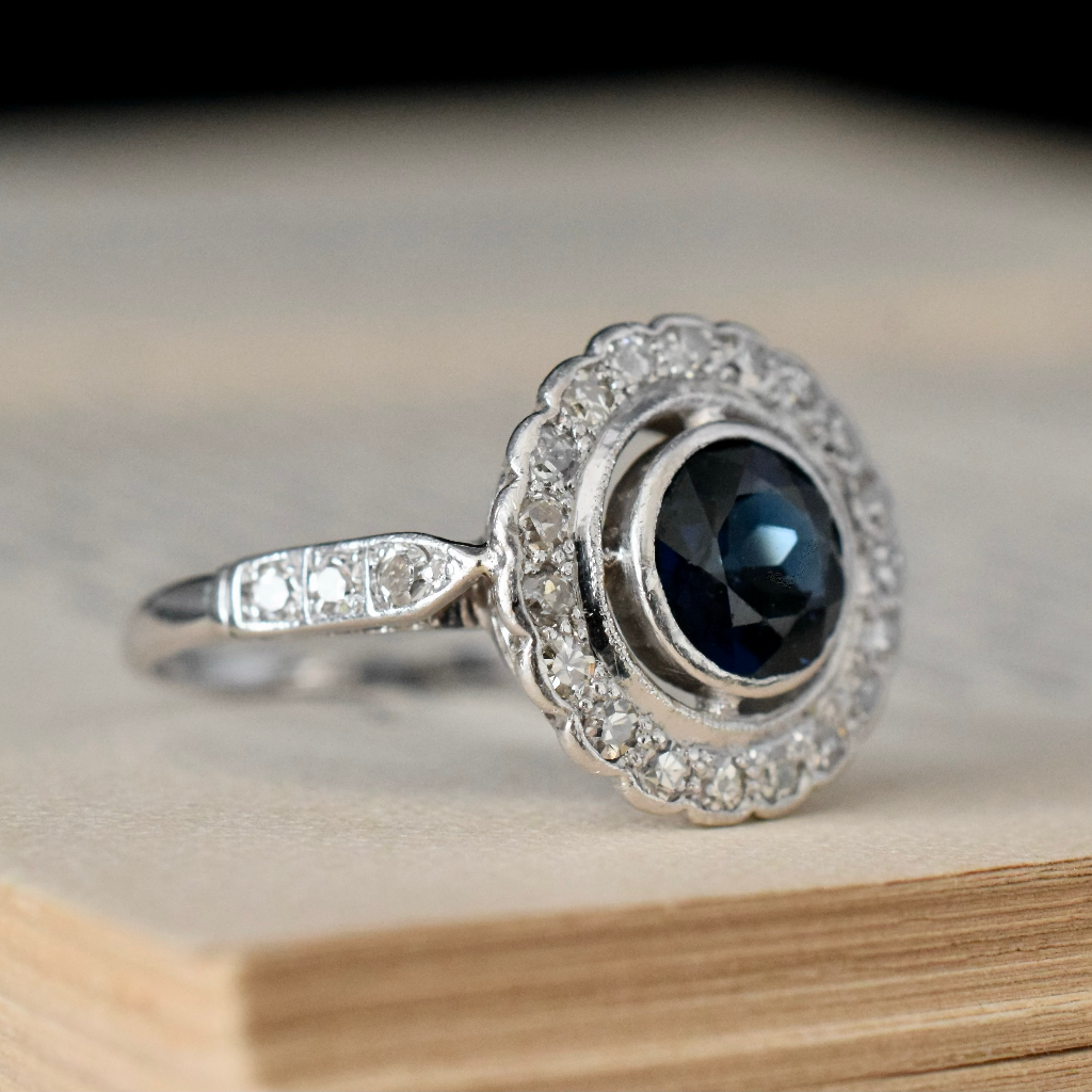 Antique Art Deco 18ct White Gold Sapphire And Diamond Halo Ring Independent Valuation Included In Purchase For $3865 AUD