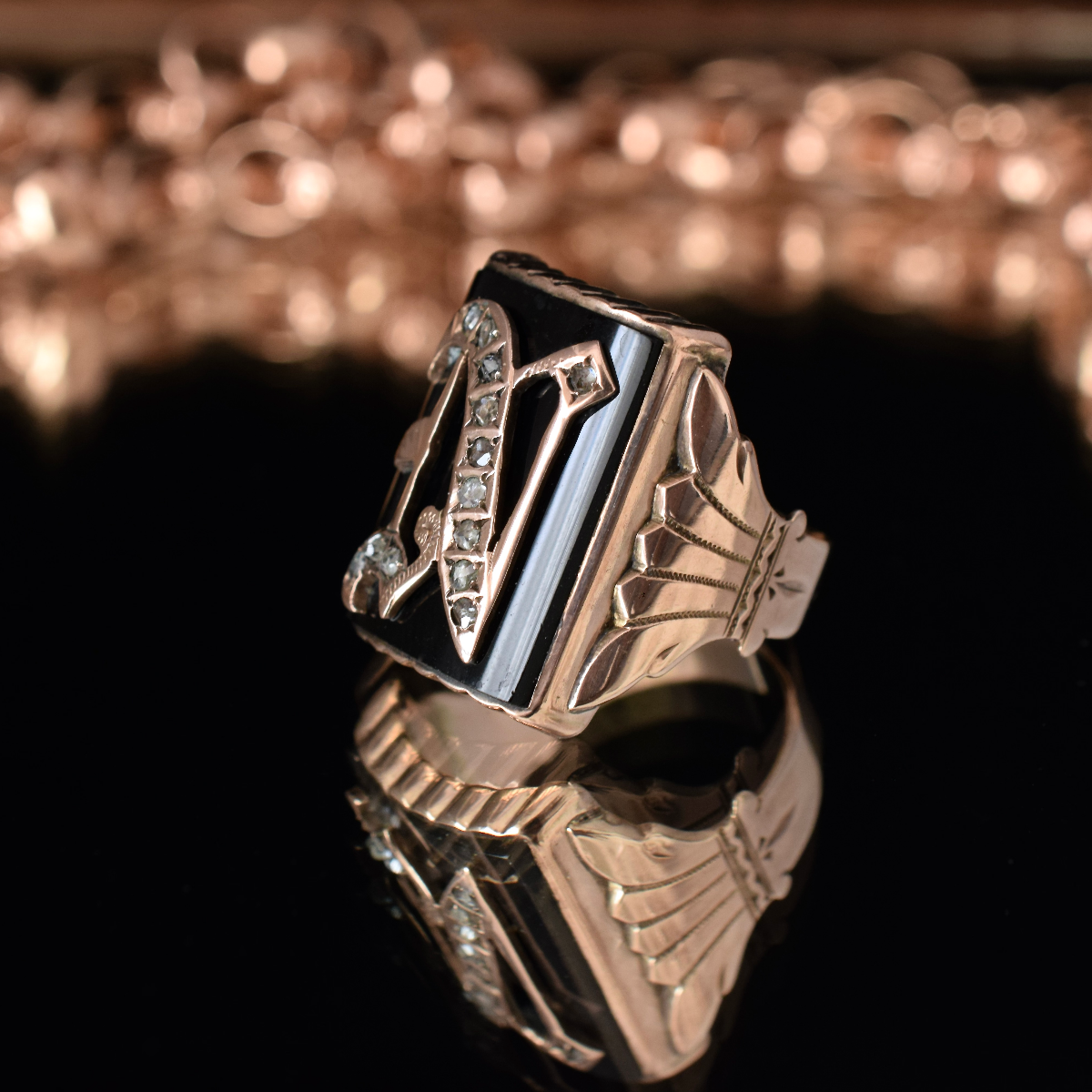 Antique Art Deco 9ct Rose Gold, Onyx And Diamond ’N’ Initial Ring Circa 1930