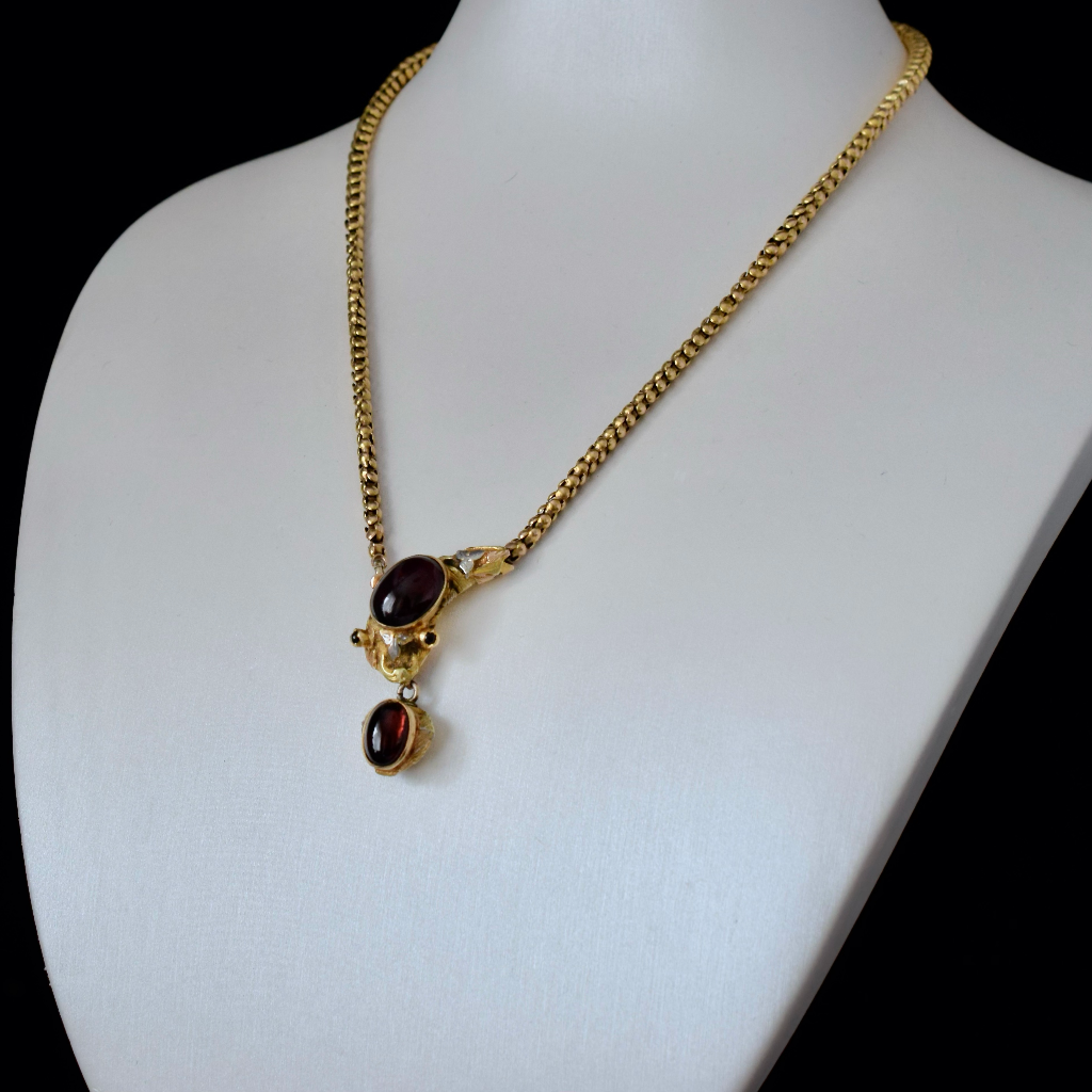 Antique Victorian 18ct Gold Garnet Snake Mourning Necklace Circa 1880
