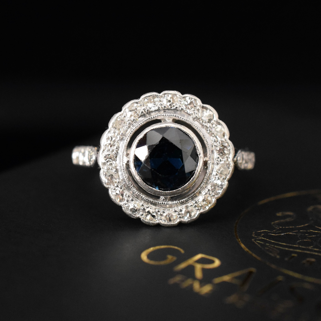 Antique Art Deco 18ct White Gold Sapphire And Diamond Halo Ring Independent Valuation Included In Purchase For $3865 AUD