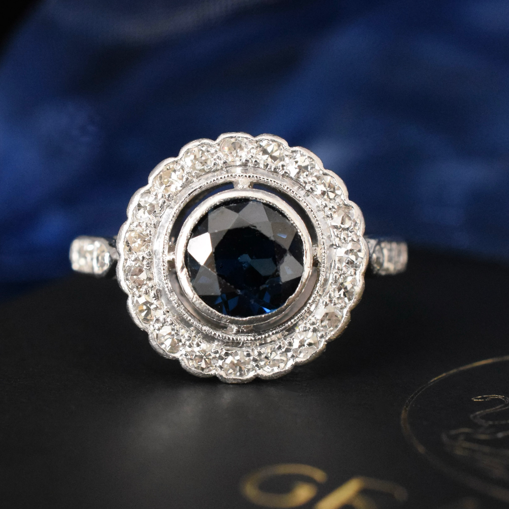 Antique Art Deco 18ct White Gold Sapphire And Diamond Halo Ring Independent Valuation Included In Purchase For $3865 AUD