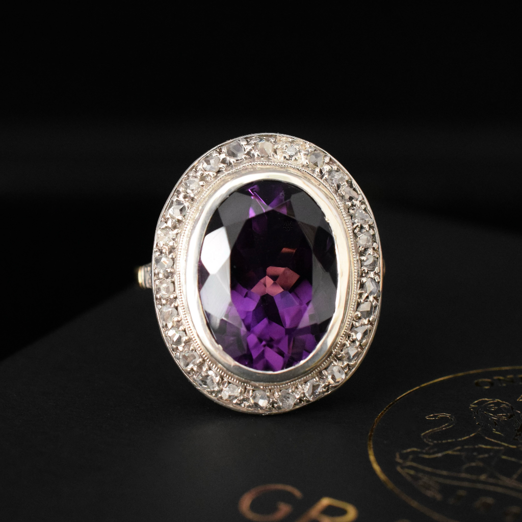 Vintage 18ct Yellow Gold Amethyst Rose Cut Diamond Halo Ring circa 1940 Independent Valuation Included In Purchase For $3,300 AUD