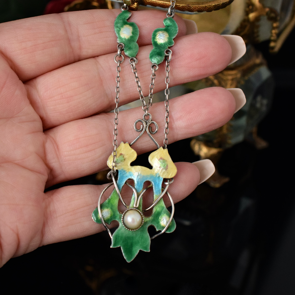 Antique Art Nouveau/Arts& Crafts Sterling Silver And Enamel Necklace Circa 1905