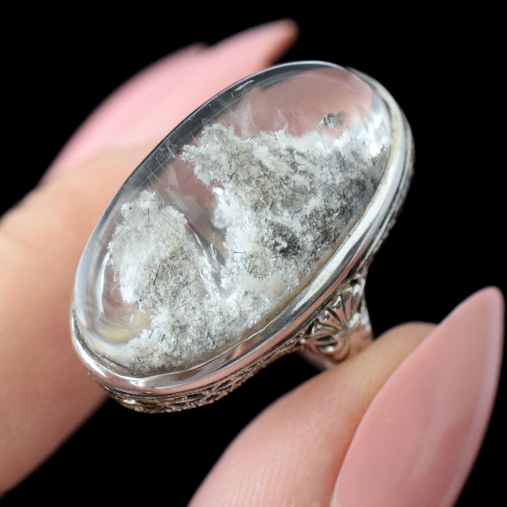 Modern Art Deco Style 14ct White Gold Sagentic Quartz Ring