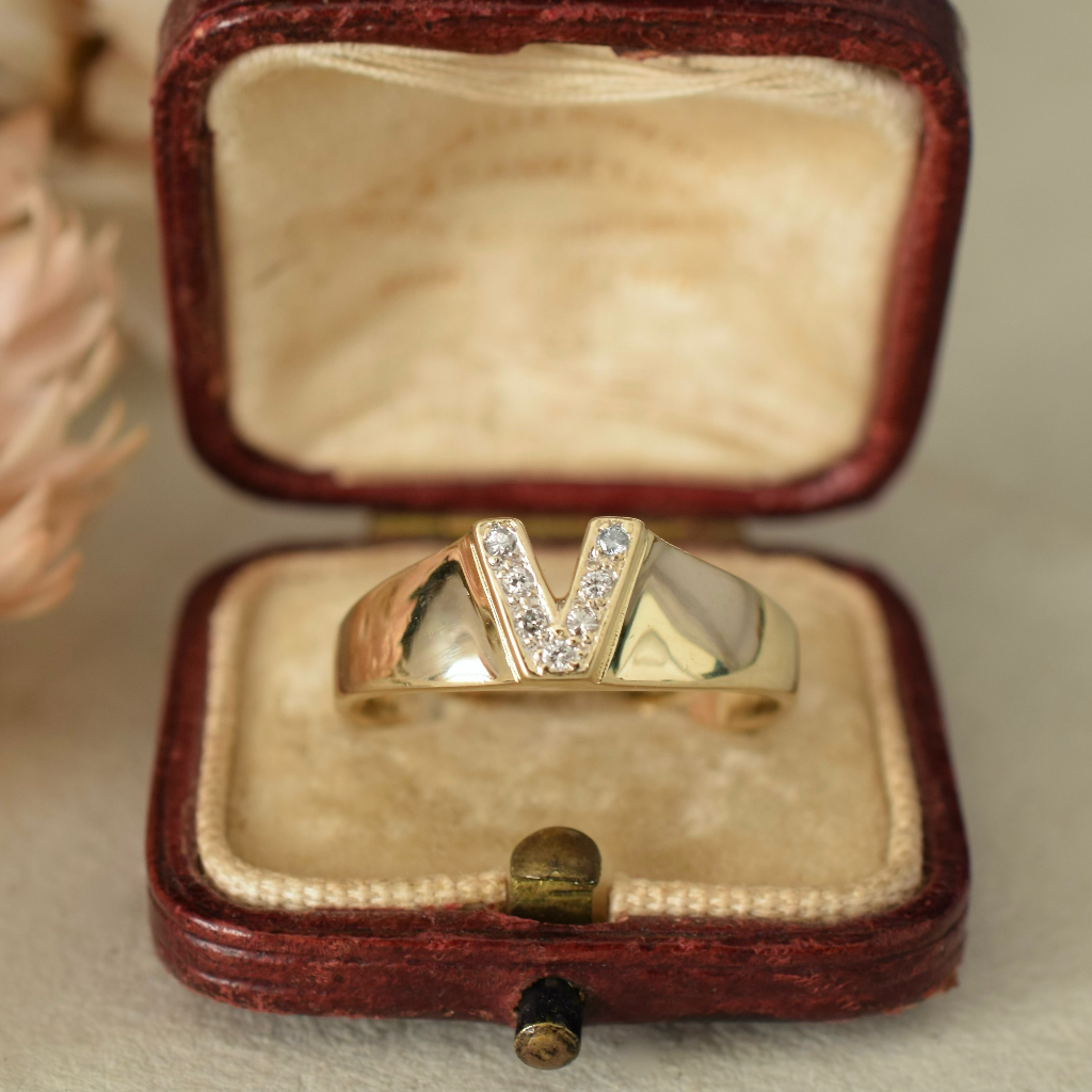 Modern 9ct Yellow Gold And Diamond ‘V’ Initial Ring