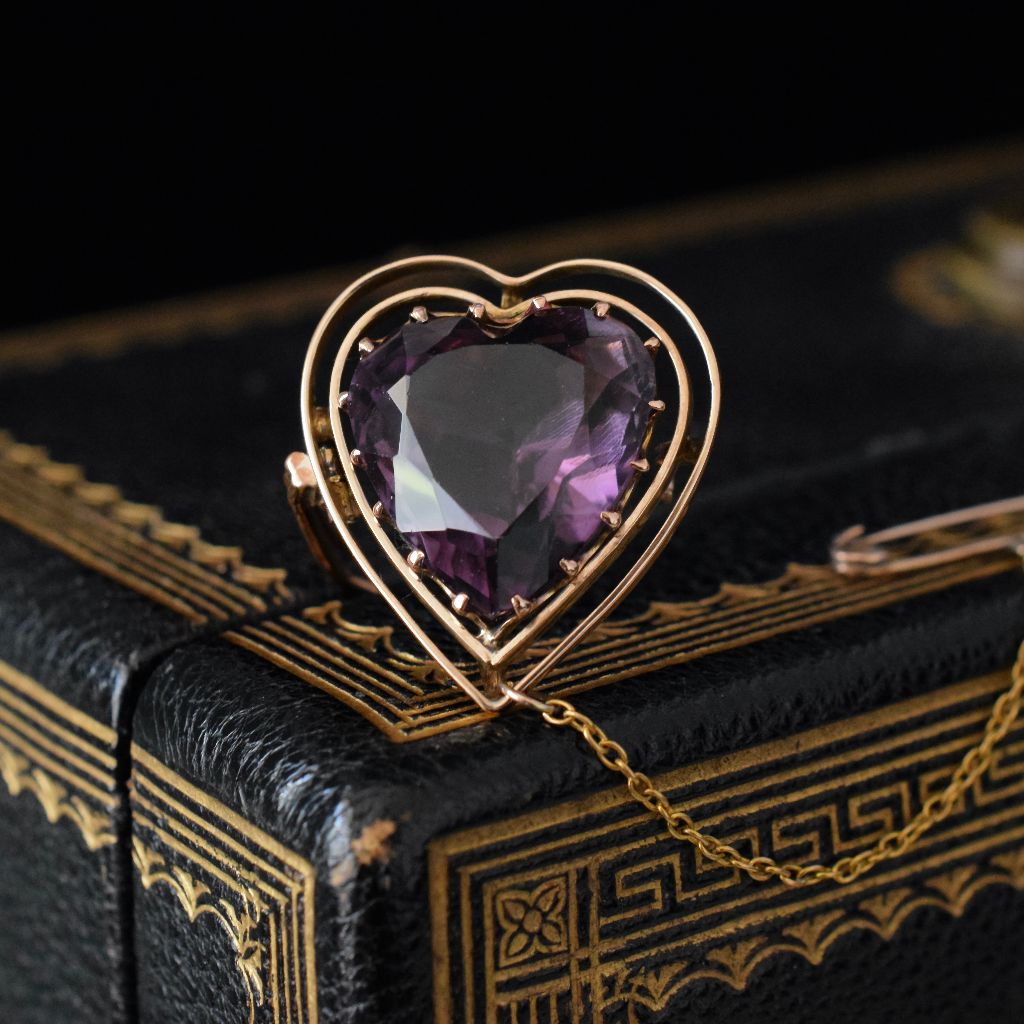 Antique 9ct Rose Gold Carved Natural Amethyst Heart Pendant Circa 1905